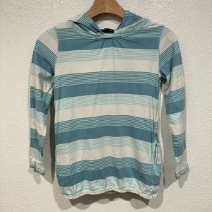 kids gap blue & white stripe long sleeve t shirt top with hood + pockets